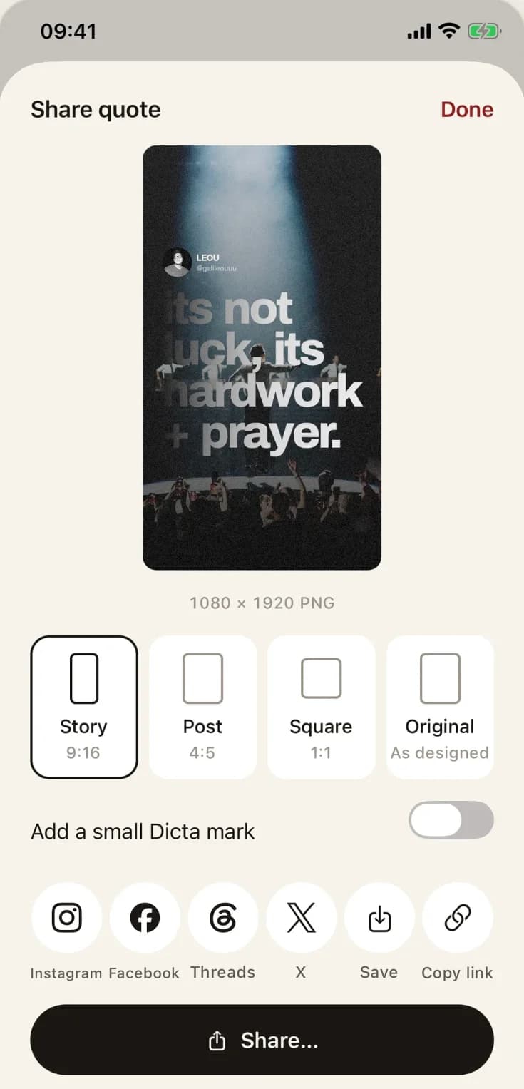 Sharing a card as a Story, post, or square